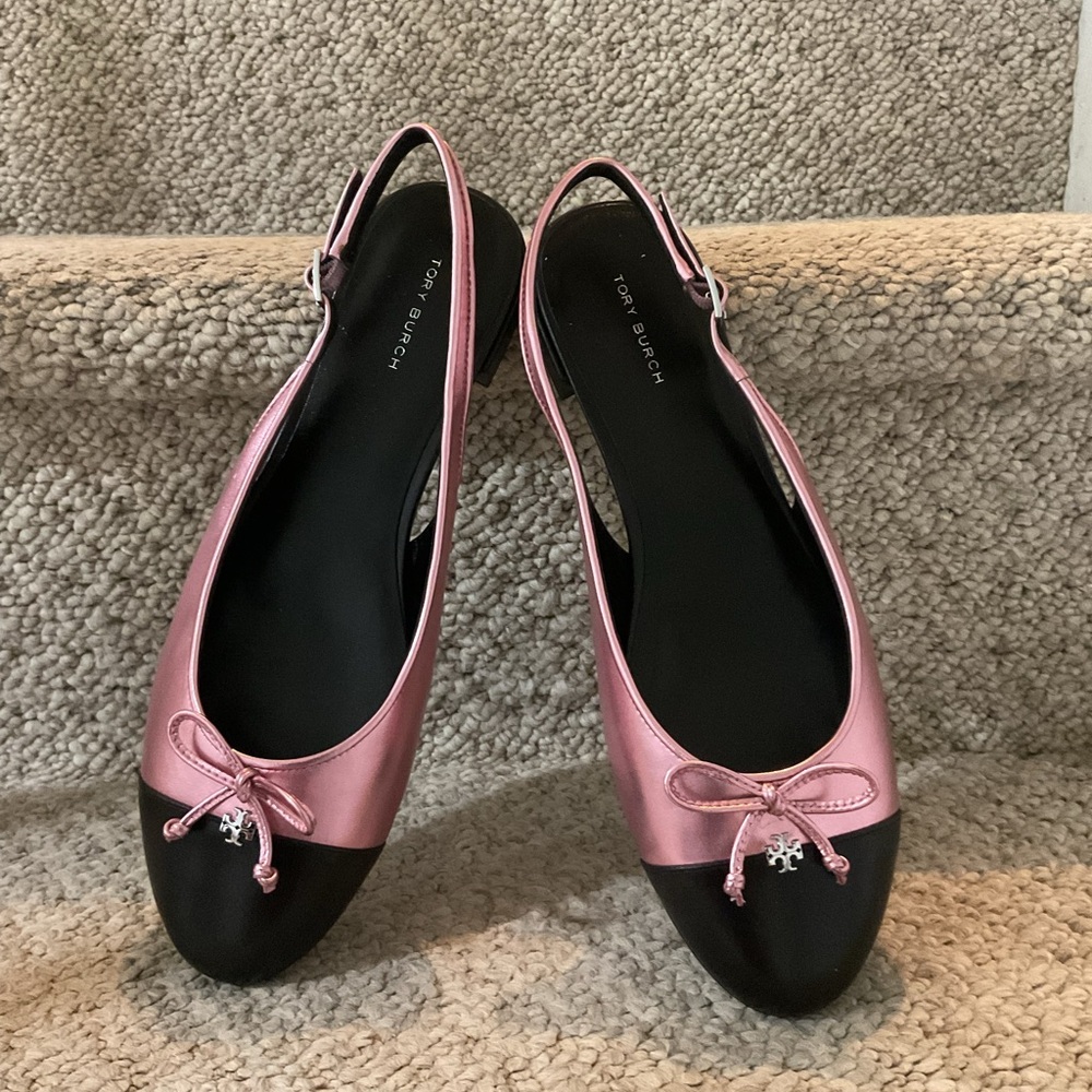 Tory Burch Pink and Black Slingback Flats